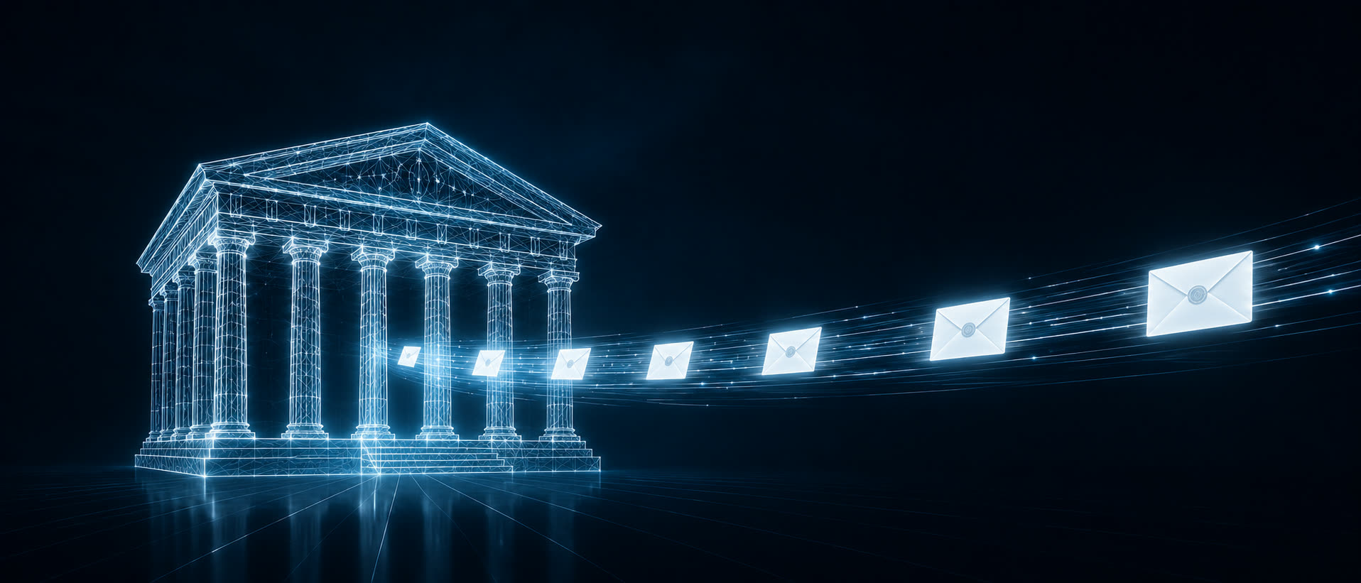 Columned institutional building drawn in light with a flow of luminous official envelopes