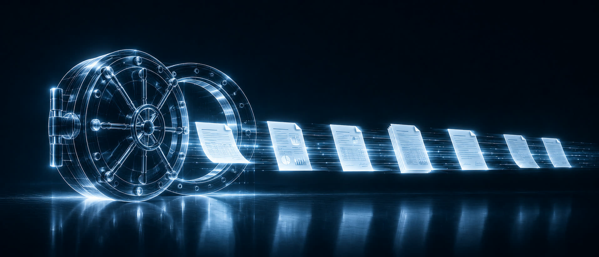Bank vault door drawn in light, ajar, with a flow of luminous statements and contracts