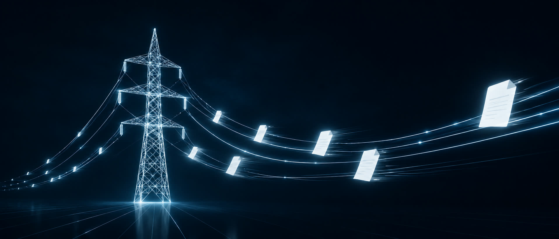 Electricity pylon drawn in lines of light with luminous invoices flowing along its cables