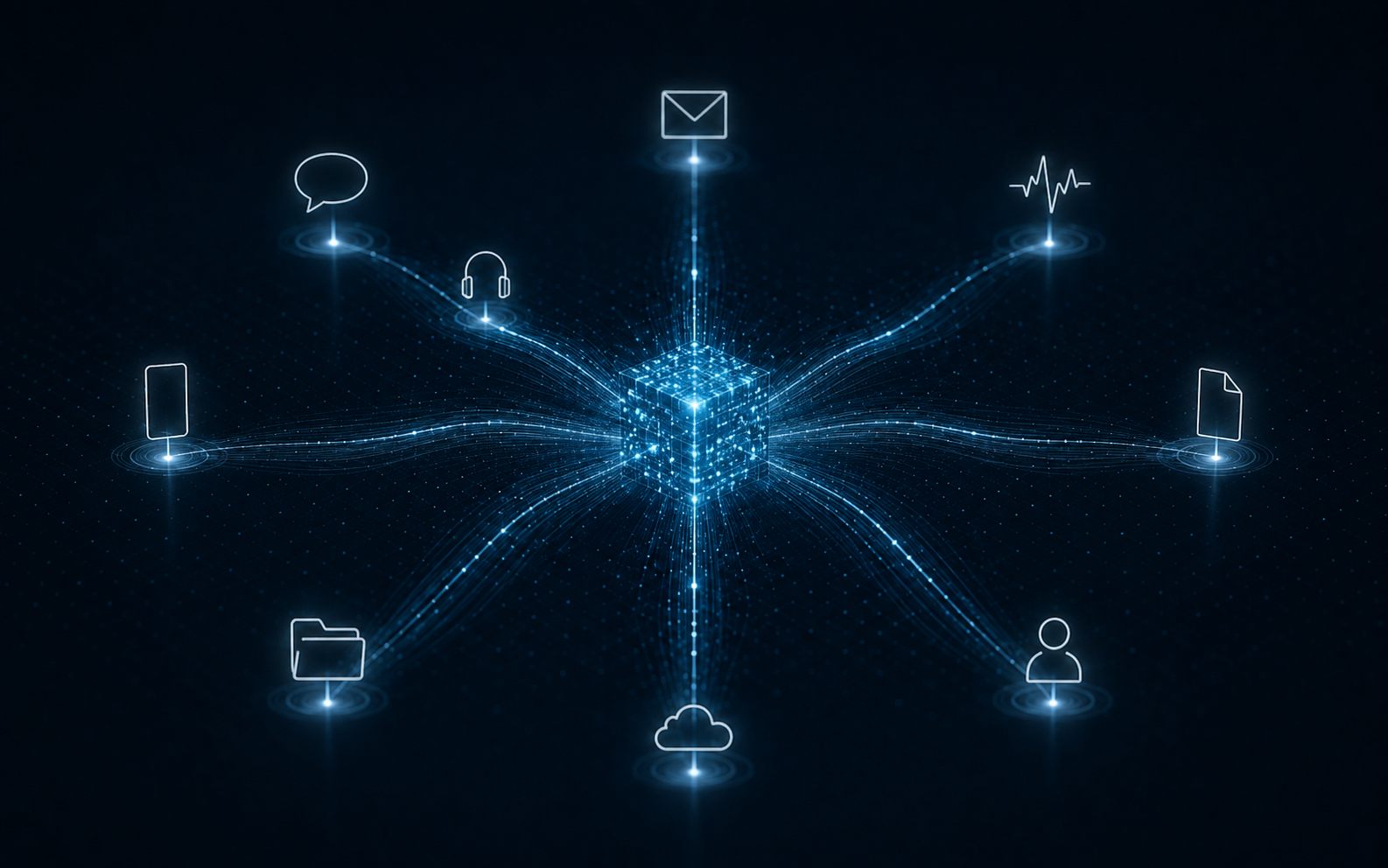 A luminous data core spreading into flows of light towards the digital channels