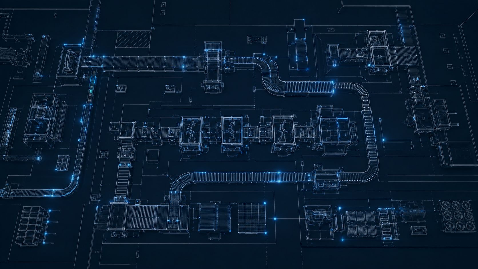 Industrial production plant depicted as a technical blueprint of luminous lines