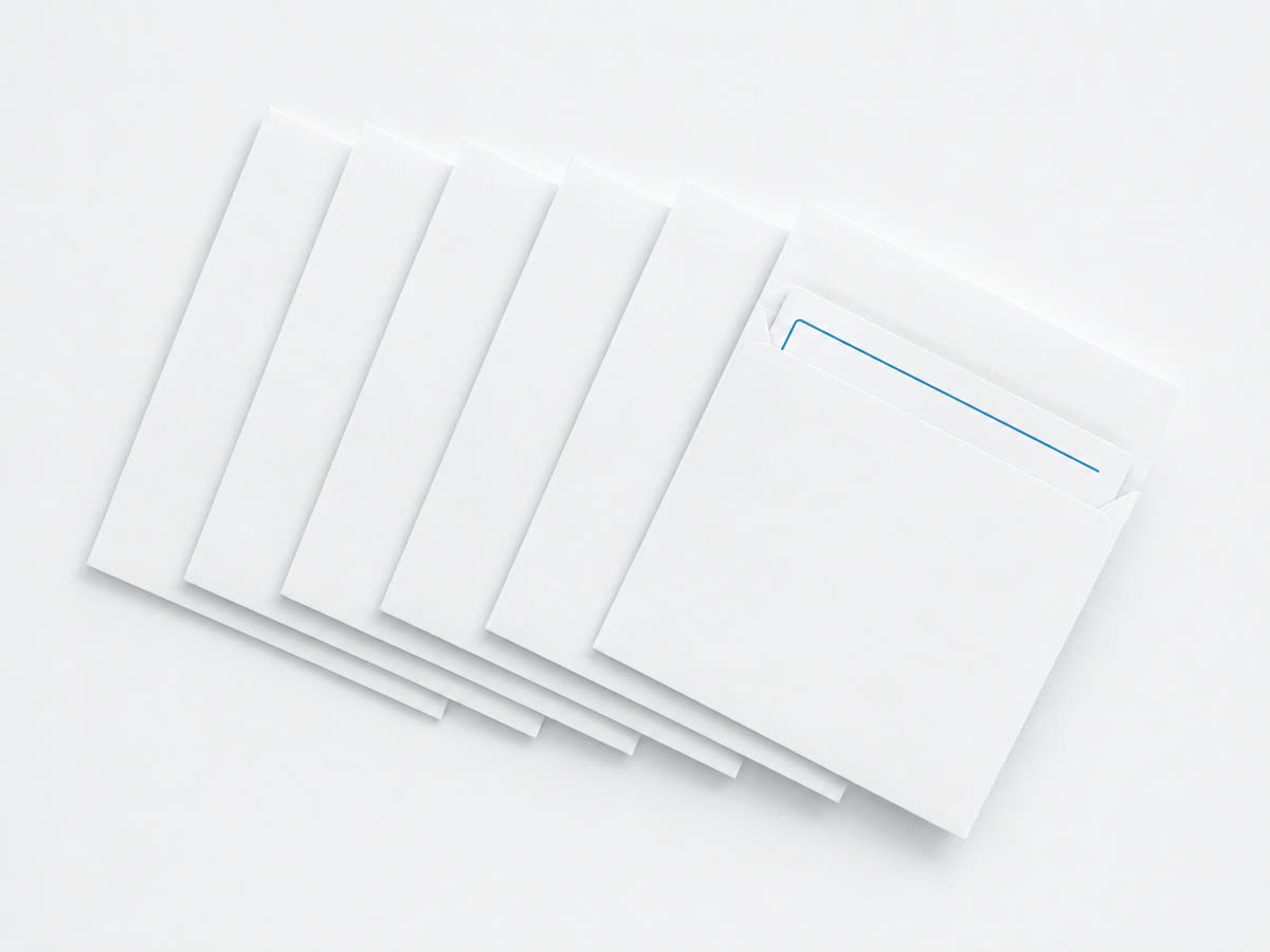 White envelopes fanned out; a folded invoice peeks out of the first one